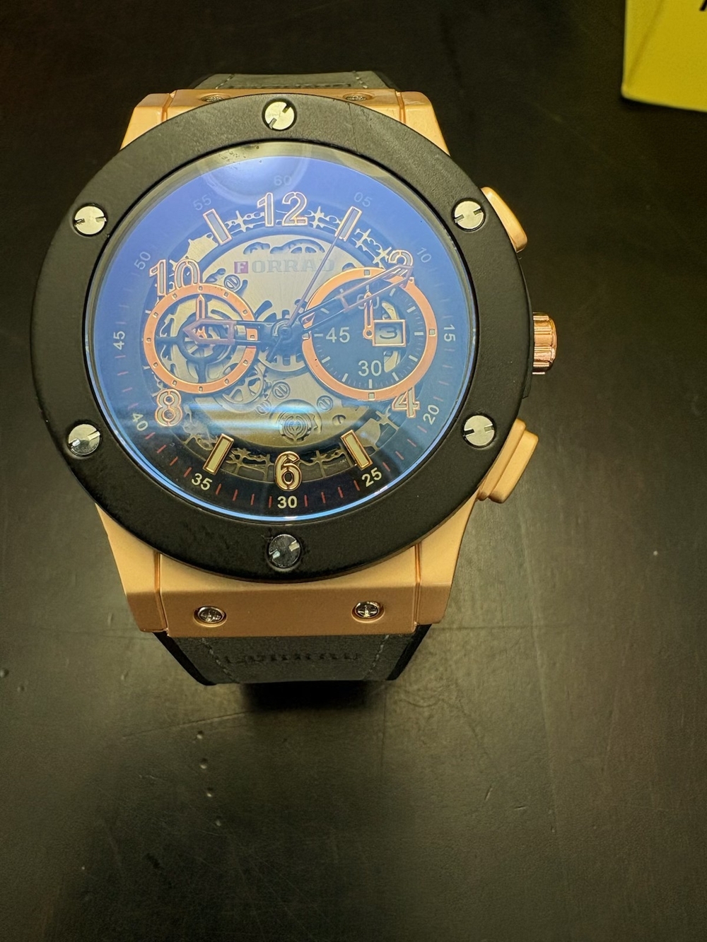 Forrad Skeleton Face Rose Gold and Black Men's Chronograph Watch Water Resistant